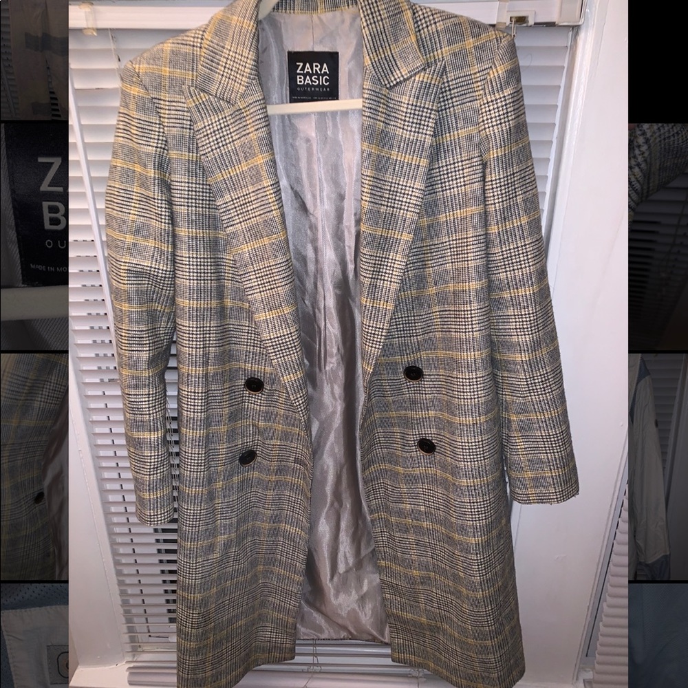 Zara oversized yellow and grey plaid coat